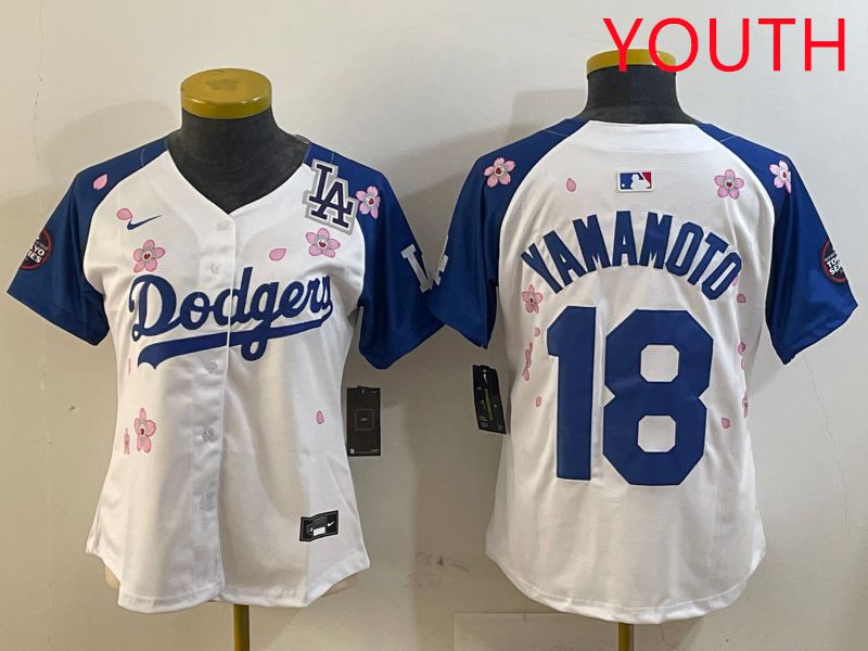 Youth Los Angeles Dodgers #18 Yamamoto White Blue Sakura Edition 2025 Nike MLB Jersey style 5->youth mlb jersey->Youth Jersey